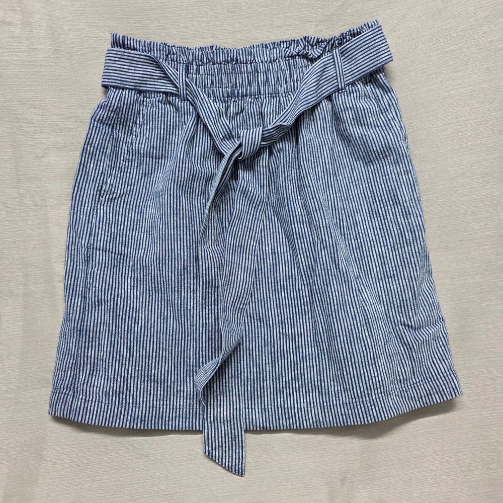 J.Crew Blue White Striped Linen Cotton Paperbag Waist Skirt XS Tie Belt Pockets